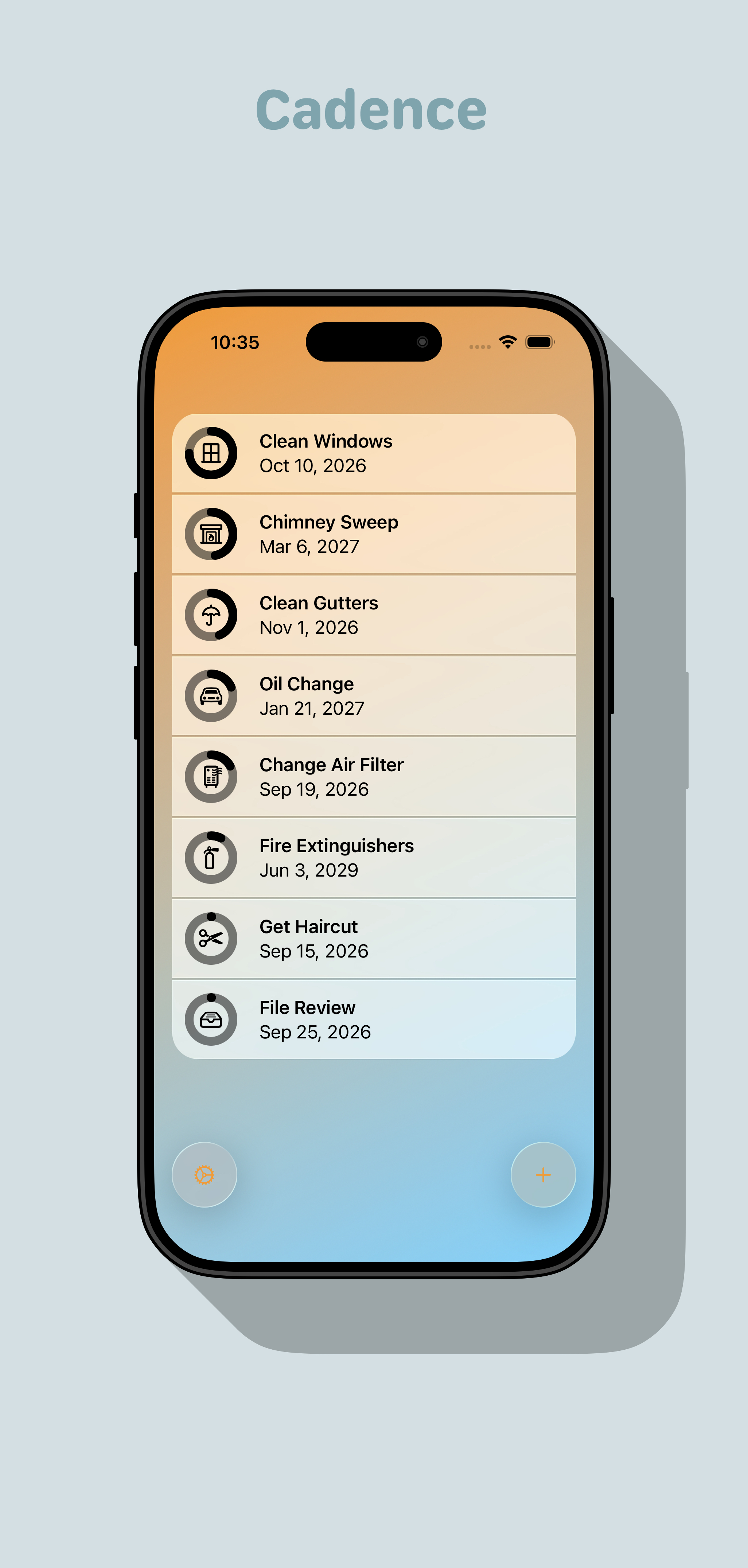 caption reads: cadence, shows a phone with the cadence app in light mode with a list of several demo tasks at varying stages of completion, indicated by a circular progress bar