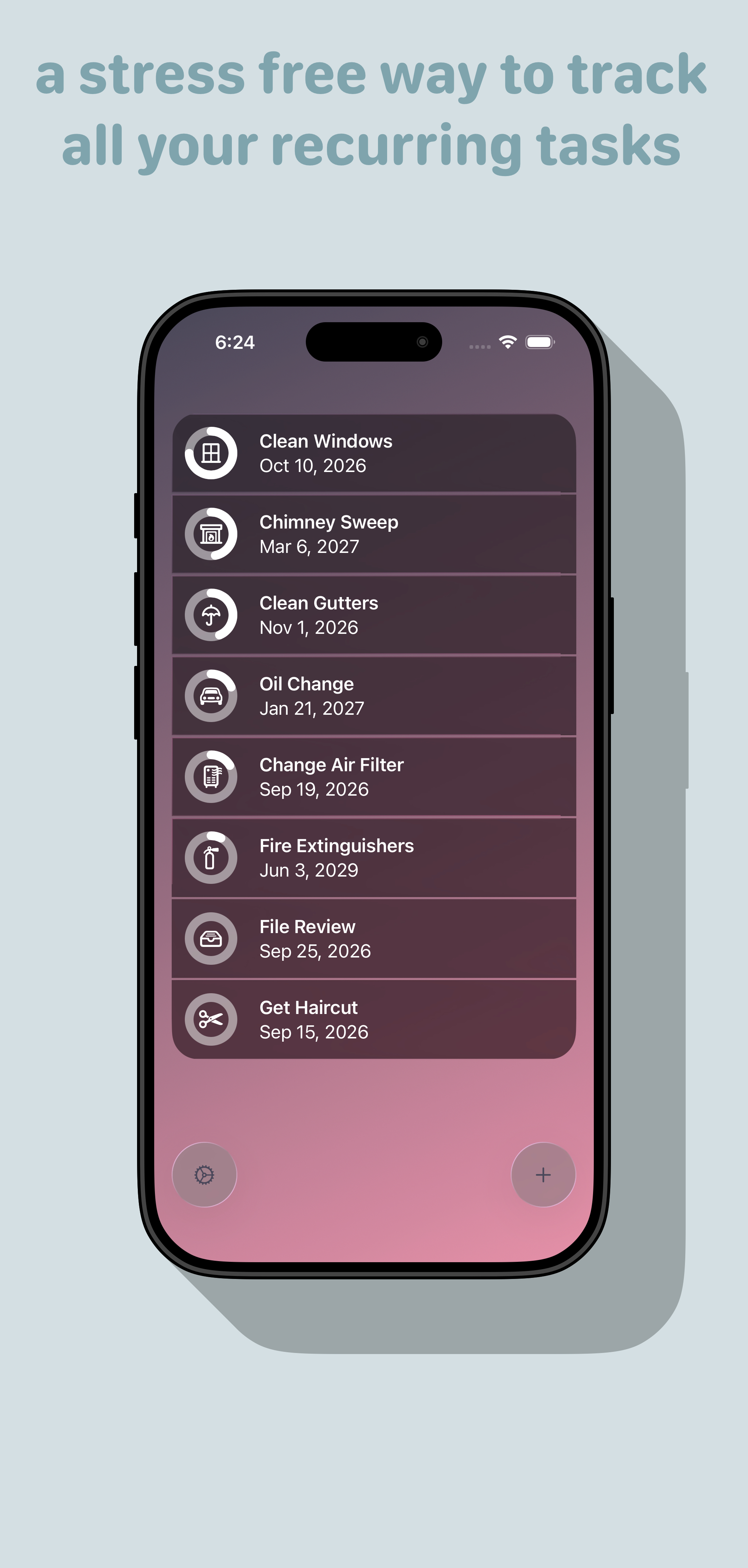 caption reads: a stress free way to track all your recurring tasks. shows a phone with the cadence app&rsquo;s main screen in dark mode with the same list of tasks and circular progress indicators as above