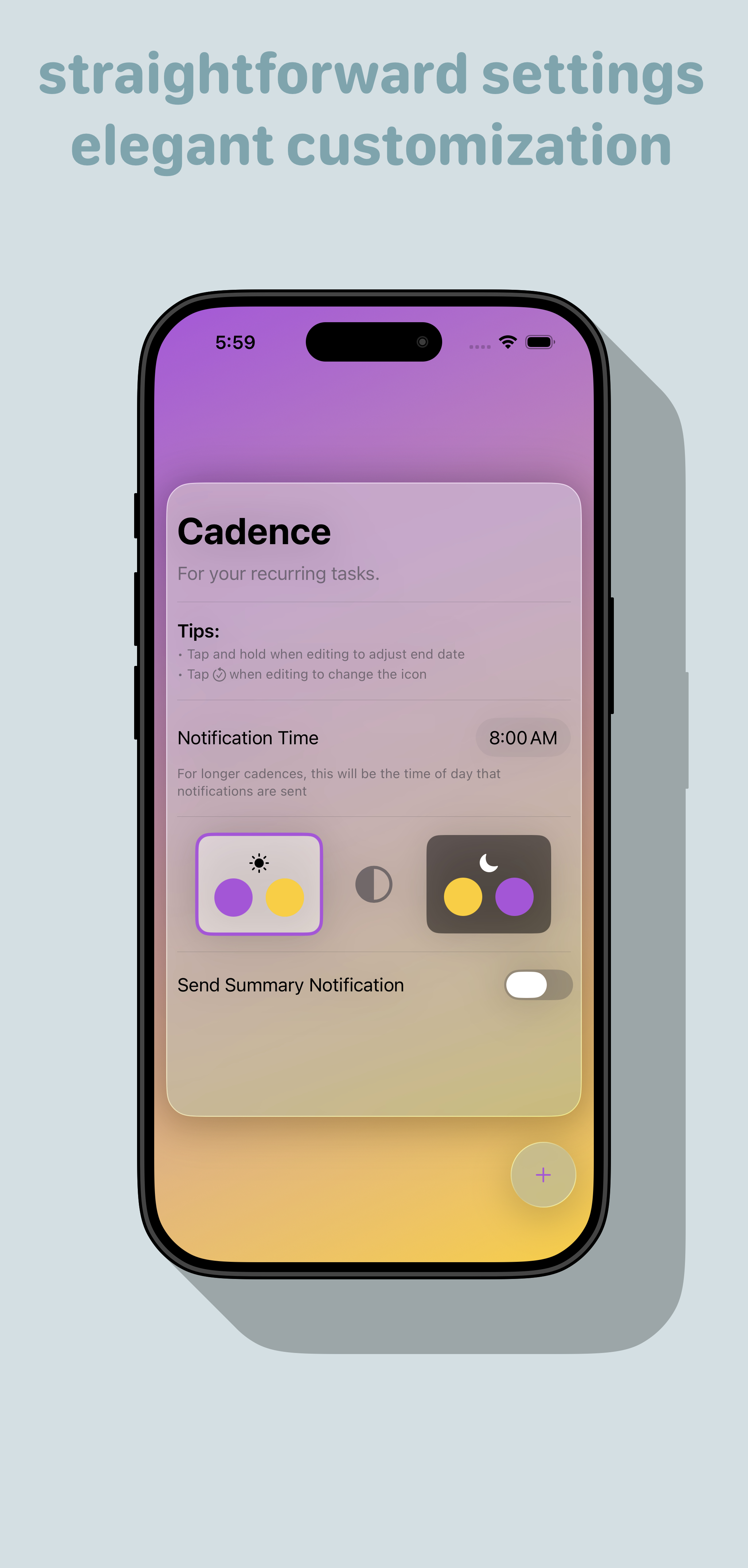 caption reads: straightforward settings, elegant customization. Shows a settings screen with a global notification time, two customizable gradients for light and dark modes and the ability to send a summary notification.
