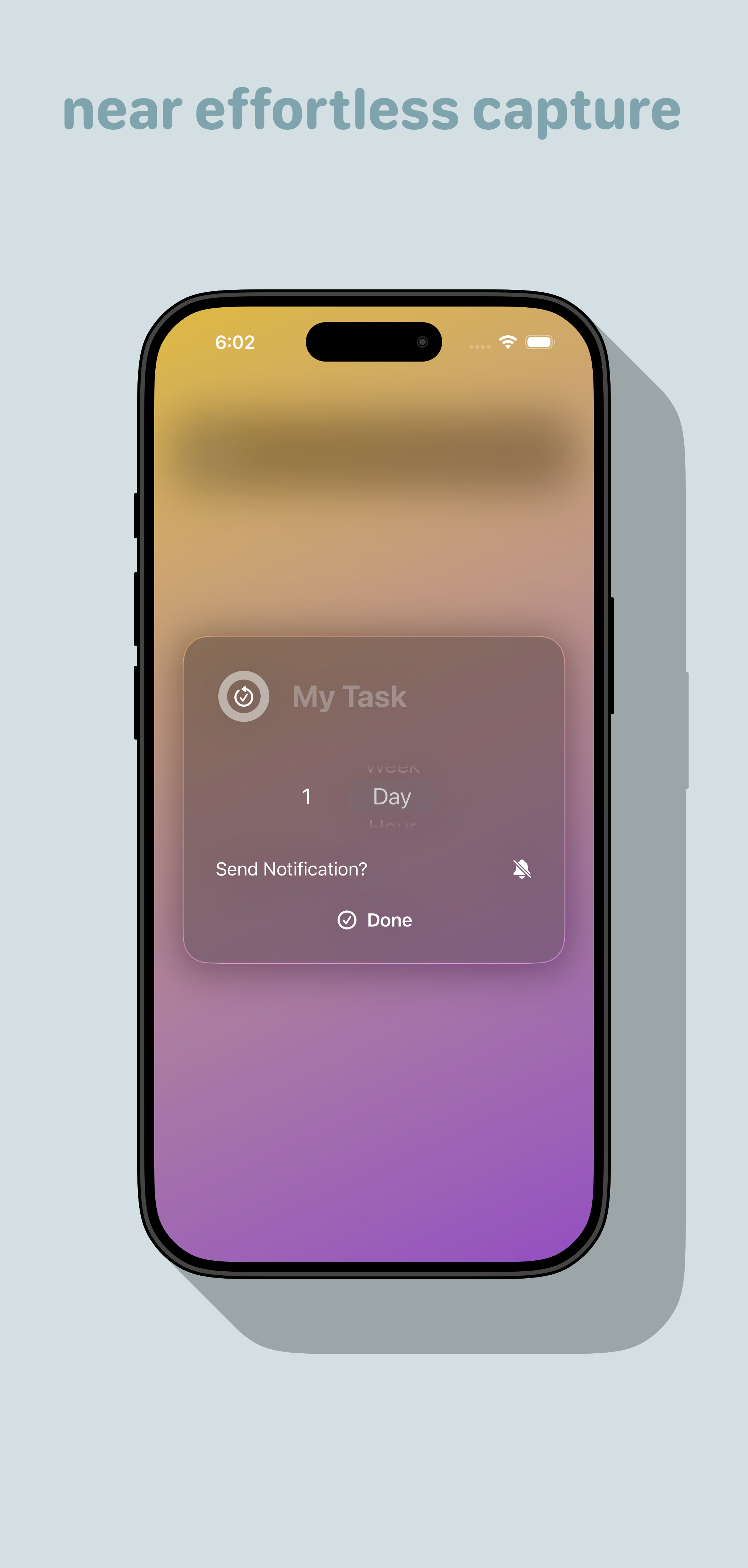 caption reads: near effortless capture. shows the cadence add task screen where task name, recurrence and send notification are the only options